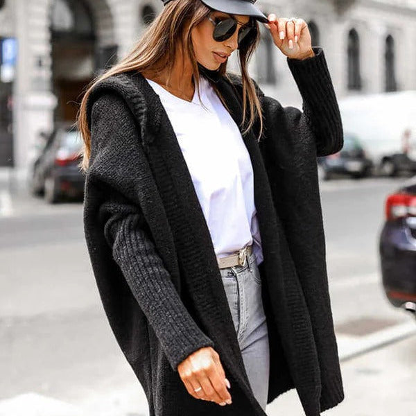 Cárdigan de mujer – Punto suave – Corte holgado – Capucha – Parte delantera abierta – Ribete de canalé