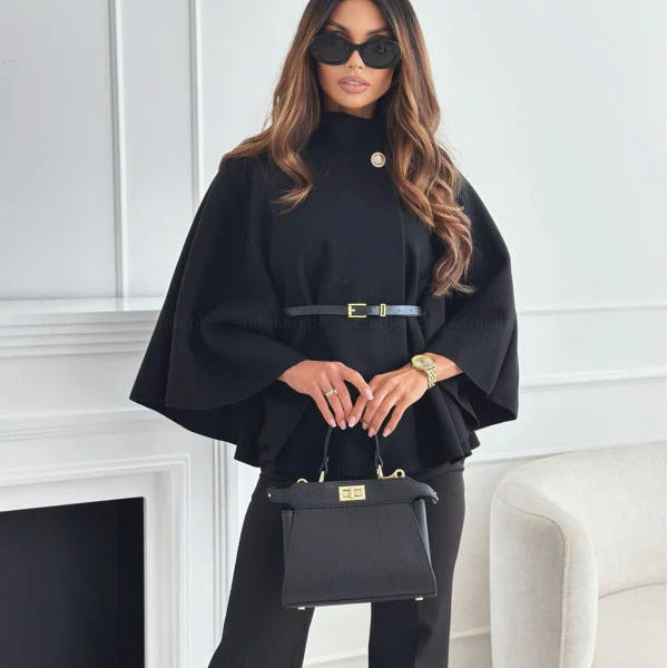 Blusa de mujer – Estilo poncho – Cintura con cinturón – Cuello alto – Corte elegante y fluido