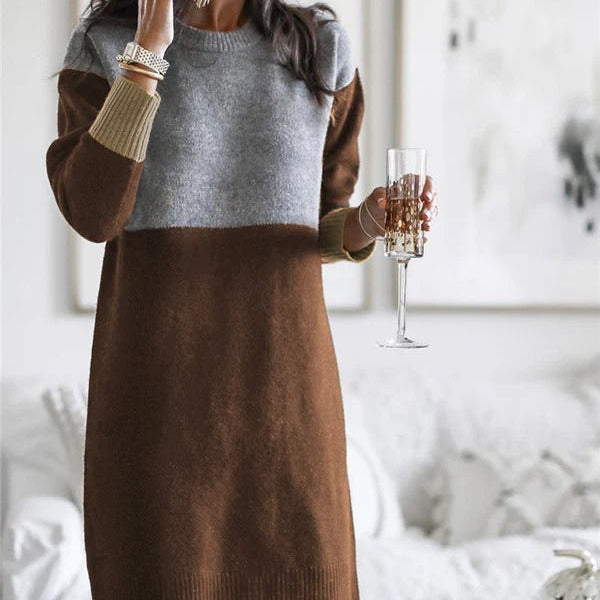 Vestido de punto para mujer – Corte holgado – Lana – Mangas largas – Bloques de color