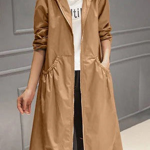 Gabardina de mujer – Impermeable con capucha – Corte recto – Largo hasta la rodilla – Estilo casual