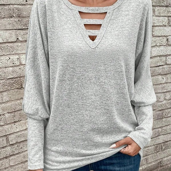 Top de manga larga para mujer – Punto suave – Corte holgado – Elegante escote en pico calado