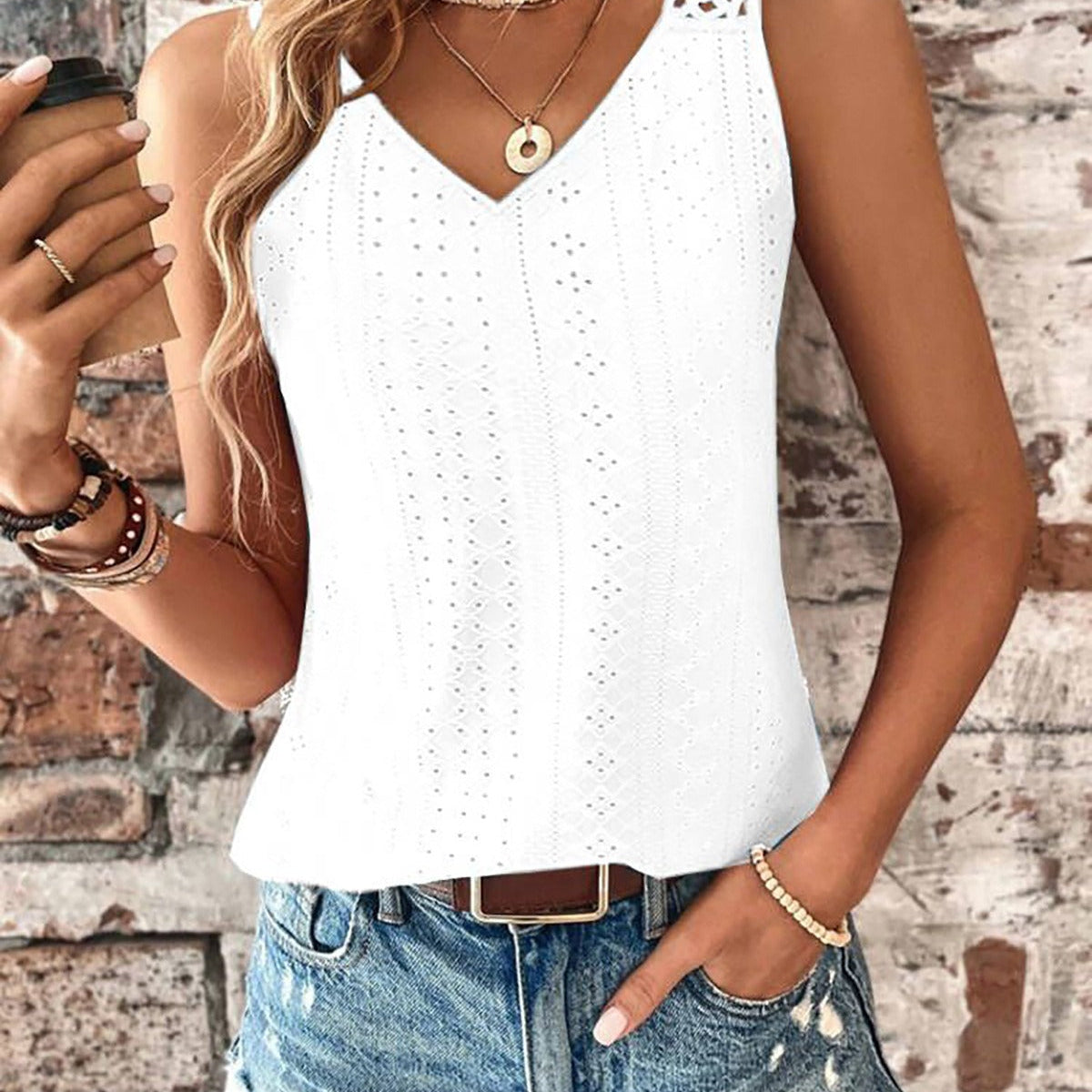 Camiseta de tirantes para mujer – Cuello en V – Tirantes de encaje – Detalle bordado – Corte holgado y transpirable