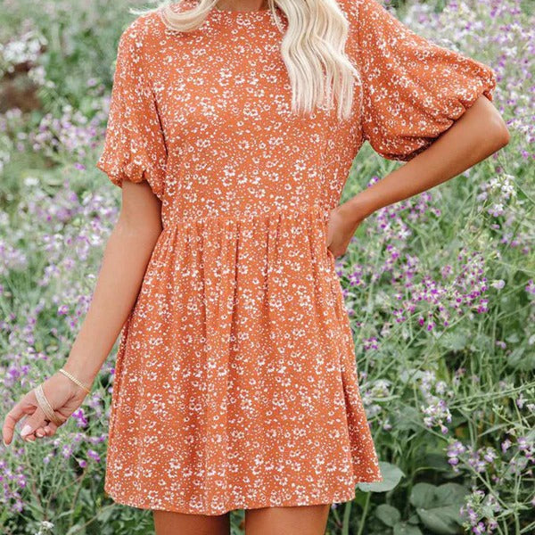 Vestido trapecio para mujer – Mangas abullonadas – Estampado floral – Tejido transpirable – Mini