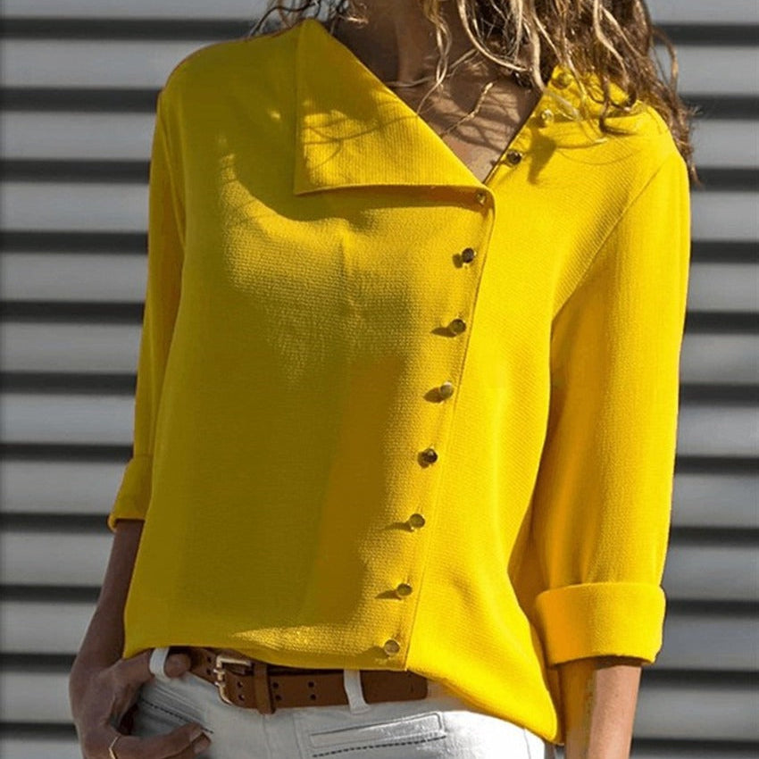 Camisa de mujer – Corte relajado – Mangas largas – Botonadura asimétrica – Estilo casual