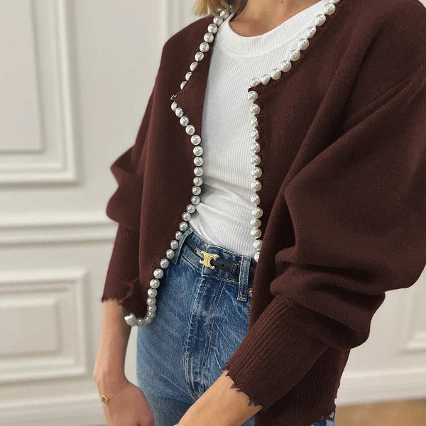 Cárdigan de mujer – Punto suave – Corte holgado – Cuentas decorativas – Dobladillo deshilachado