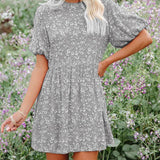 Vestido trapecio para mujer – Mangas abullonadas – Estampado floral – Tejido transpirable – Mini