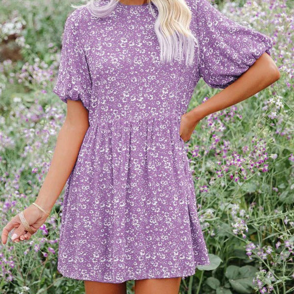 Vestido trapecio para mujer – Mangas abullonadas – Estampado floral – Tejido transpirable – Mini