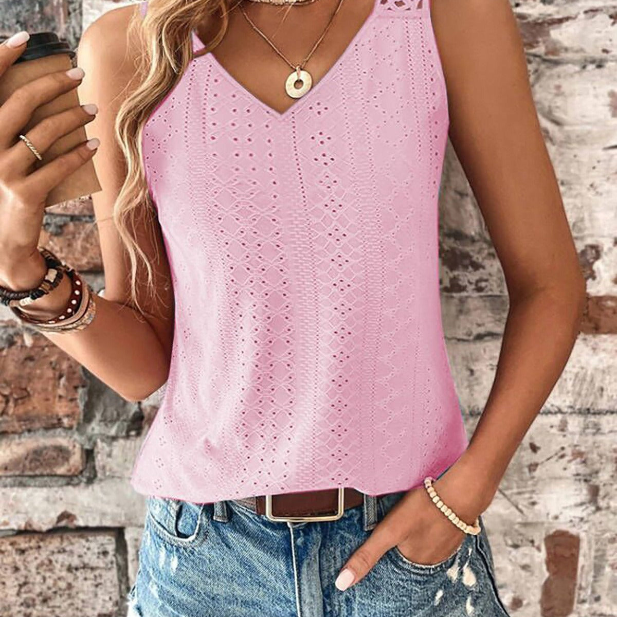 Camiseta de tirantes para mujer – Cuello en V – Tirantes de encaje – Detalle bordado – Corte holgado y transpirable