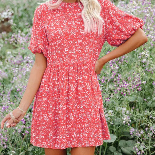 Vestido trapecio para mujer – Mangas abullonadas – Estampado floral – Tejido transpirable – Mini