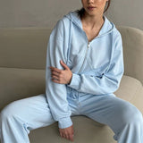 Conjunto de ropa de estar por casa para mujer – Sudadera con capucha y cremallera – Pantalones anchos – Algodón suave