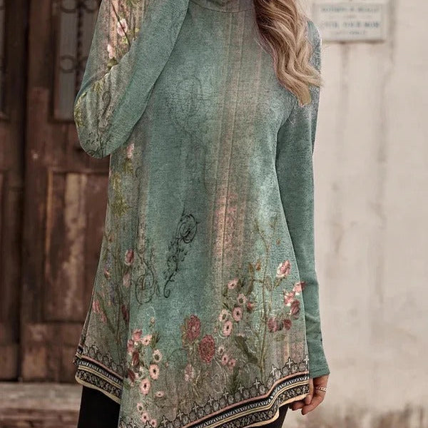 Blusa de mujer – Corte relajado – Cuello alto – Mangas largas – Bajo asimétrico