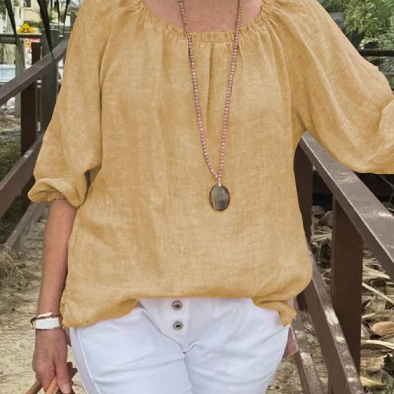 Top de mujer – Corte holgado – Lino y algodón – Mangas tres cuartos – Cuello redondo fruncido