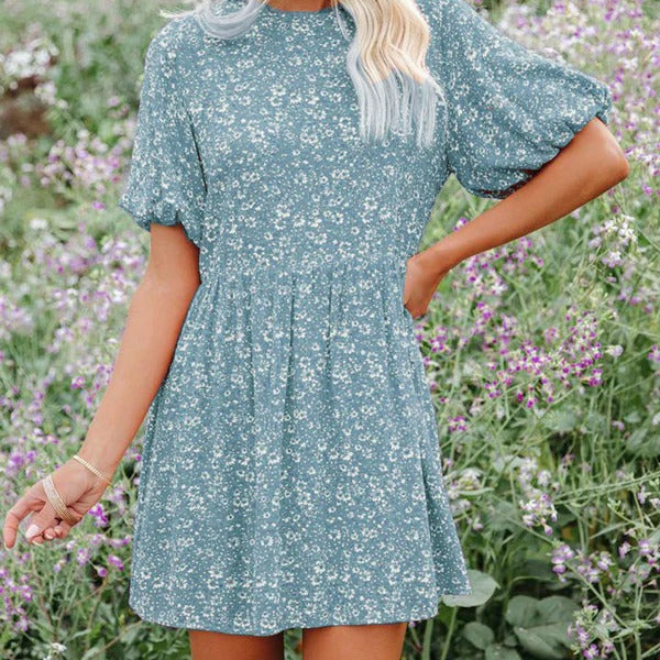 Vestido trapecio para mujer – Mangas abullonadas – Estampado floral – Tejido transpirable – Mini