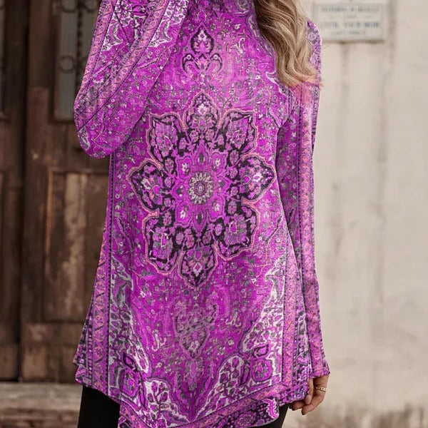 Blusa de mujer – Corte relajado – Cuello alto – Mangas largas – Bajo asimétrico