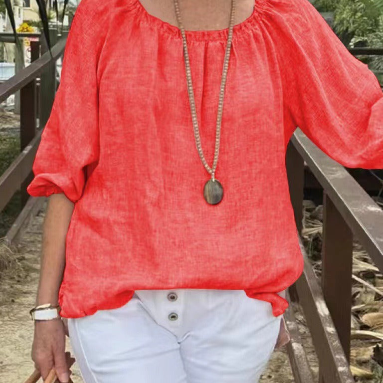 Top de mujer – Corte holgado – Lino y algodón – Mangas tres cuartos – Cuello redondo fruncido