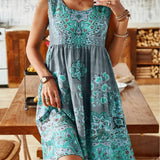 Vestido mini para mujer – Corte evasé con volantes – Sin mangas – Cuello en V – Estampado bohemio