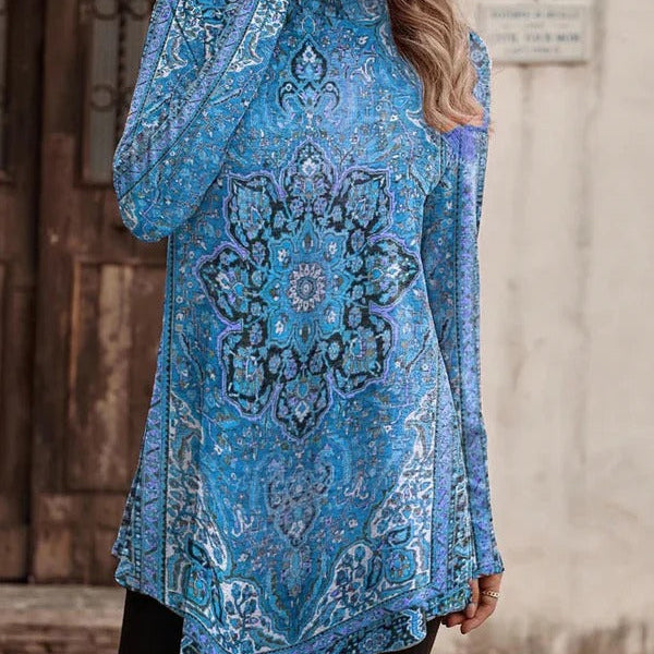 Blusa de mujer – Corte relajado – Cuello alto – Mangas largas – Bajo asimétrico