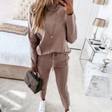 Conjunto de ropa de estar por casa para mujer – Punto de algodón – Top de cuello alto – Pantalón cónico con cordón