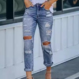 Vaqueros ajustados para mujer – Denim elástico – Rodillas rotas – Largo hasta el tobillo – Estilo casual