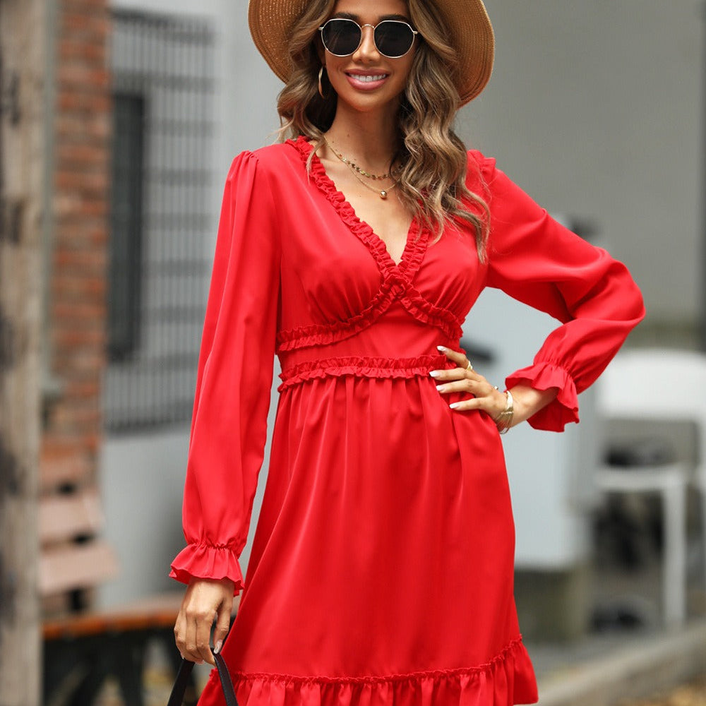 Vestido evasé para mujer – Escote con volantes – Cintura alta – Mangas largas elegantes