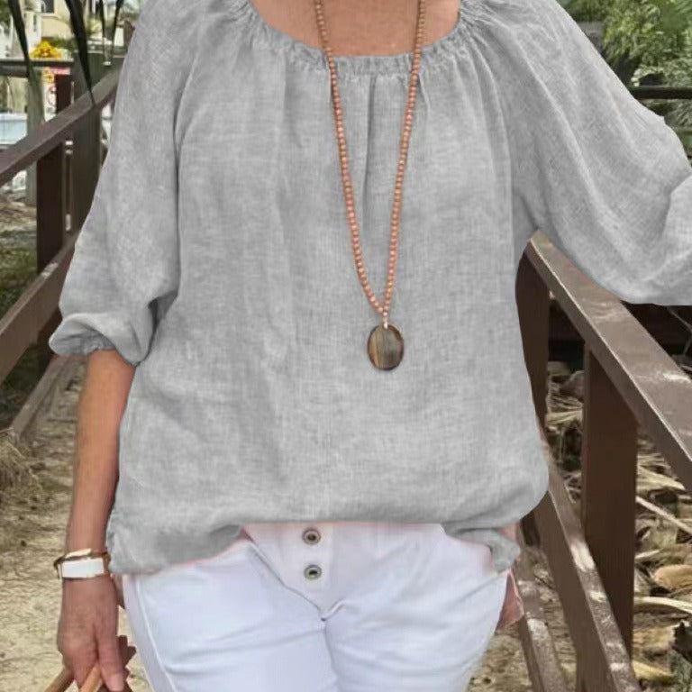 Top de mujer – Corte holgado – Lino y algodón – Mangas tres cuartos – Cuello redondo fruncido