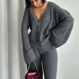 Conjunto de ropa de estar por casa para mujer – Punto acanalado – Corte holgado – Top con botones delanteros y mangas anchas