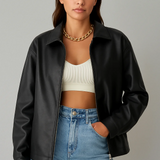 Chaqueta de mujer - Tejido de piel sintética - Corte holgado - Cuello clásico - Mangas largas