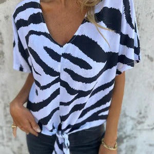 Blusa de mujer – Corte holgado – Cuello en V – Lazo delantero – Mangas cortas – Tejido transpirable