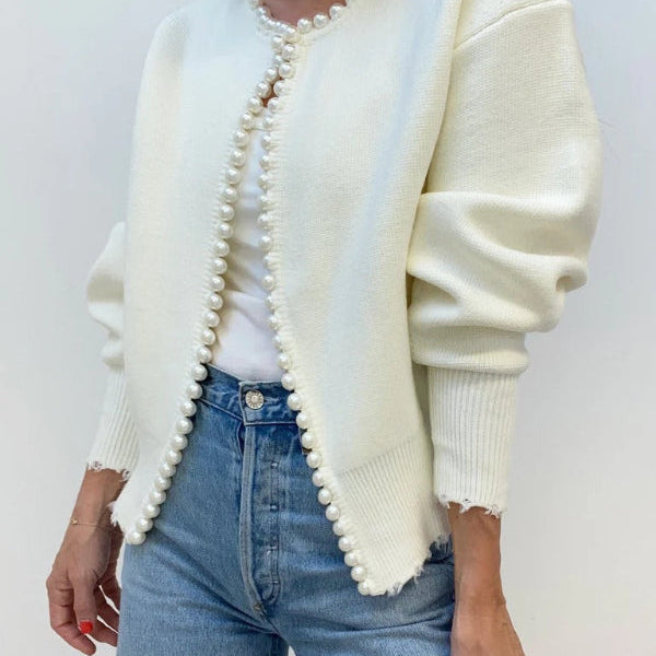 Cárdigan de mujer – Punto suave – Corte holgado – Cuentas decorativas – Dobladillo deshilachado