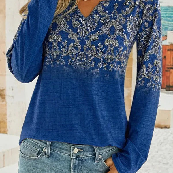 Blusa de mujer – Corte holgado – Bordado floral – Cuello en pico – Mangas largas