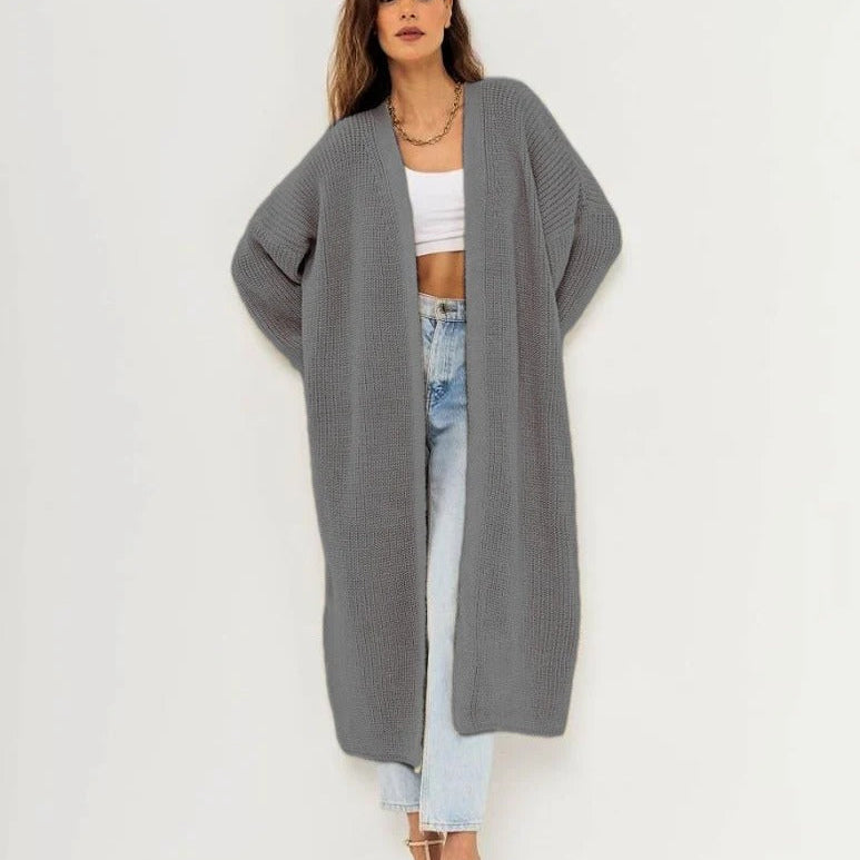 Cárdigan largo para mujer – Tejido de punto estilo lana – Corte oversize – Parte delantera abierta
