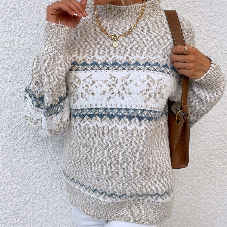 Suéter de mujer – Punto de lana – Corte holgado – Estampado de copos de nieve – Cuello alto
