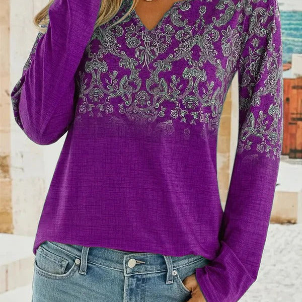 Blusa de mujer – Corte holgado – Bordado floral – Cuello en pico – Mangas largas