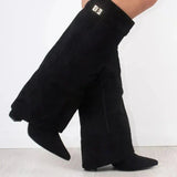 Botas altas de mujer – Efecto ante – Tacón bloque – Punta puntiaguda – Hebilla decorativa