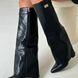Botas altas de mujer – Efecto ante – Tacón bloque – Punta puntiaguda – Hebilla decorativa