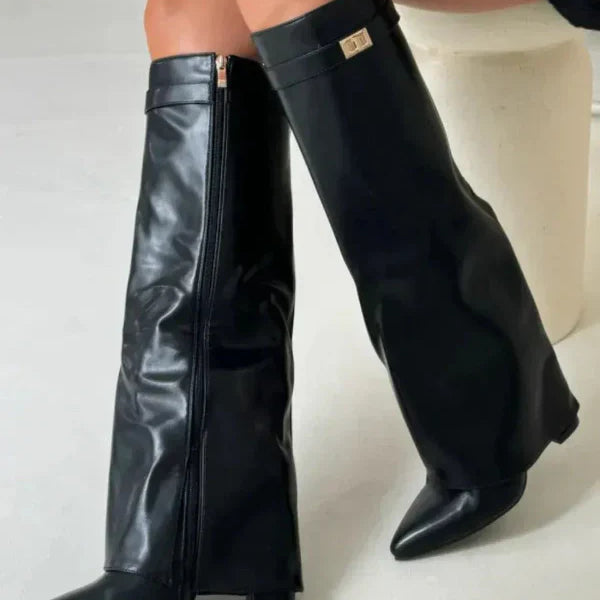 Botas altas de mujer – Efecto ante – Tacón bloque – Punta puntiaguda – Hebilla decorativa
