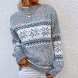 Suéter de mujer – Punto de lana – Corte holgado – Estampado de copos de nieve – Cuello alto