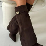 Botas altas de mujer – Efecto ante – Tacón bloque – Punta puntiaguda – Hebilla decorativa