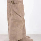 Botas altas de mujer – Efecto ante – Tacón bloque – Punta puntiaguda – Hebilla decorativa