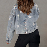 Chaqueta vaquera para mujer – Corte oversize – Estilo desgastado – Motivos de tachuelas y estrellas