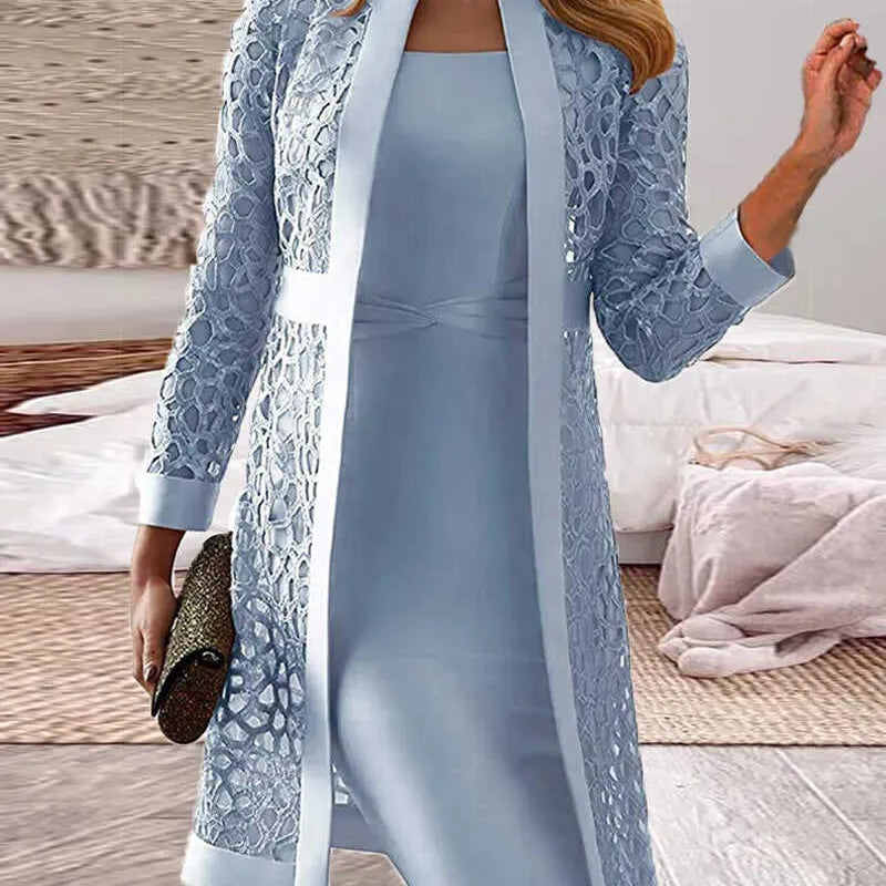 Conjunto de mujer: Vestido ajustado sin mangas y chaqueta larga de encaje estructurado