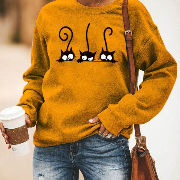 Sudadera de mujer – Corte oversize – Algodón suave – Cuello redondo – Estampado de gato divertido