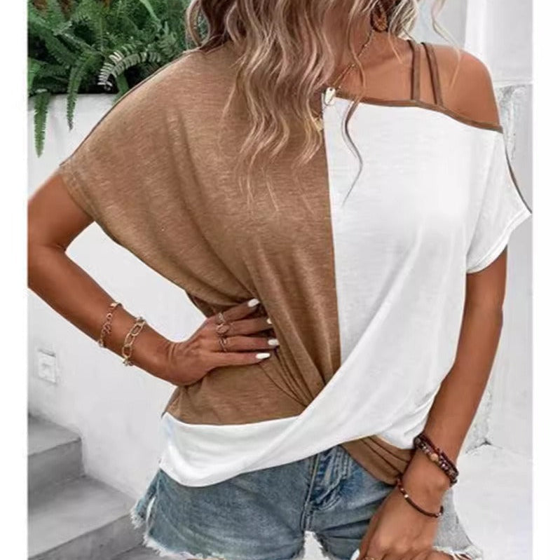 Camiseta de mujer – Corte relajado – Escote asimétrico – Detalle de tirantes – Algodón