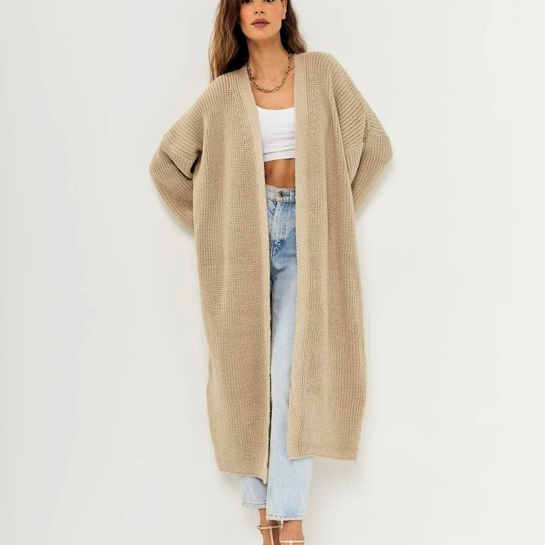 Cárdigan largo para mujer – Tejido de punto estilo lana – Corte oversize – Parte delantera abierta