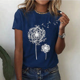 Camiseta de mujer - Cuello redondo - Manga corta - Corte holgado - Estampado gráfico de diente de león