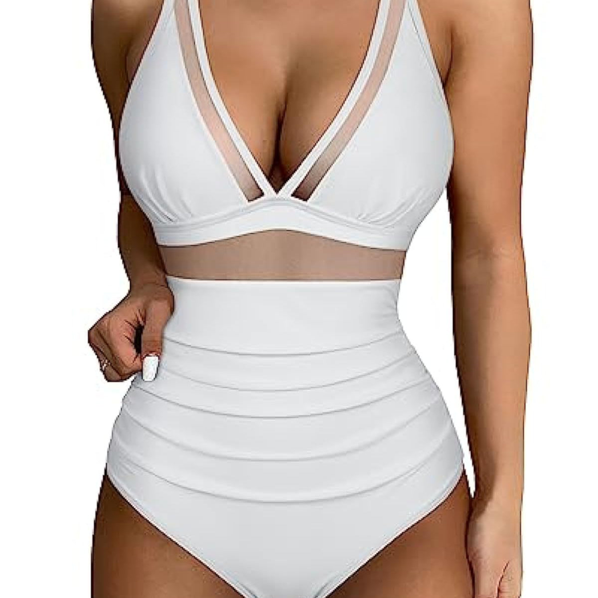 Traje de baño de una pieza para mujer – Escote pronunciado – Malla moldeadora – Paneles de tul