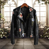 Chaqueta biker de mujer – Piel lisa – Corte entallado – Bordado floral – Tachuelas – Cremallera asimétrica