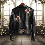 Chaqueta biker de mujer – Piel lisa – Corte entallado – Bordado floral – Tachuelas – Cremallera asimétrica