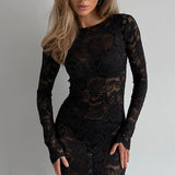 Vestido sirena de manga larga en encaje jacquard transparente