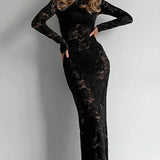 Vestido sirena de manga larga en encaje jacquard transparente